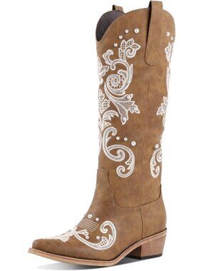 Women's Blue Bow Knee High Embroidered Cowgirl Boots Chunky Heel Pointed Toe